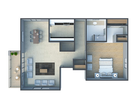 Floor plan for 1 bed, 1 bath, 840 sqft